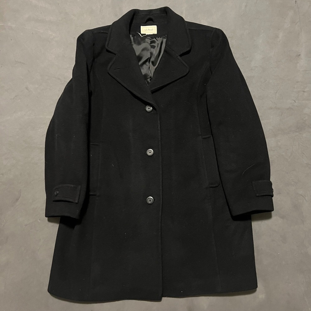 VTG LL Bean Black Wool Thinsulate Insulated Pea Trench Coat Jacket Womens Size M